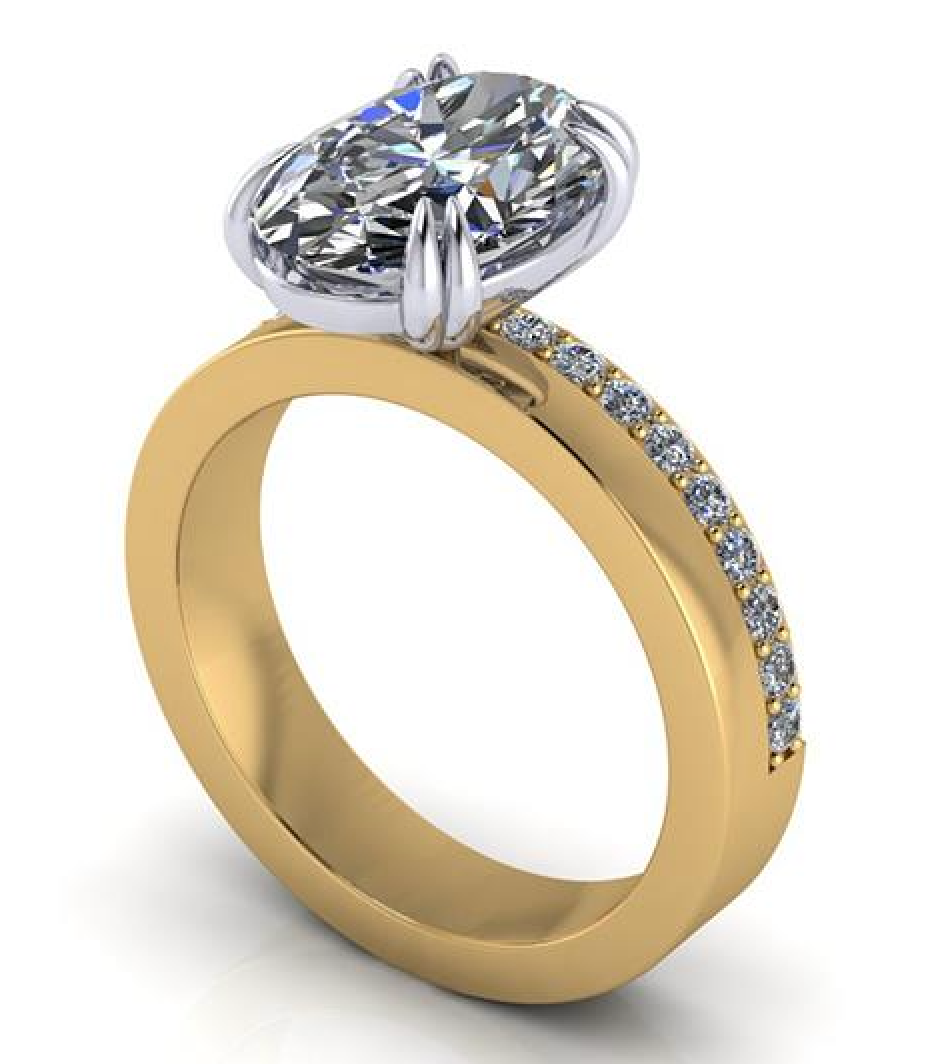 Elegant oval lab-grown diamond engagement ring with yellow gold band and side diamonds