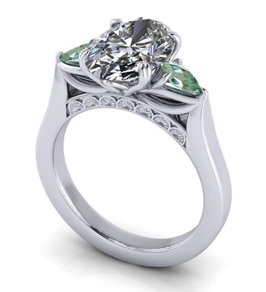 Elegant lab-grown diamond engagement ring with three-stone design and intricate band detailing