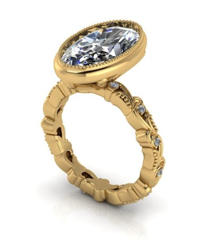 Elegant oval lab-grown diamond engagement ring in yellow gold with intricate band detailing