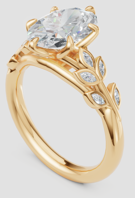 Elegant lab-grown diamond engagement ring in yellow gold with leaf-inspired side accents