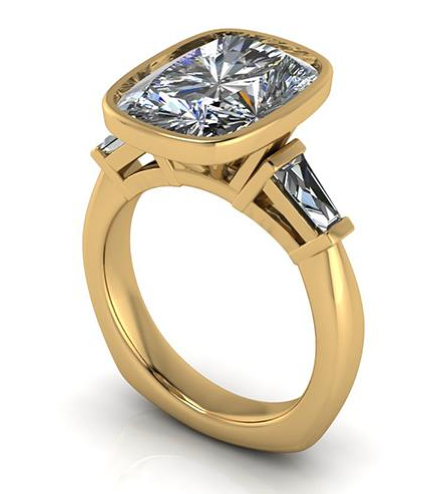 Lab-grown diamond engagement ring with cushion cut center and baguette side stones in gold