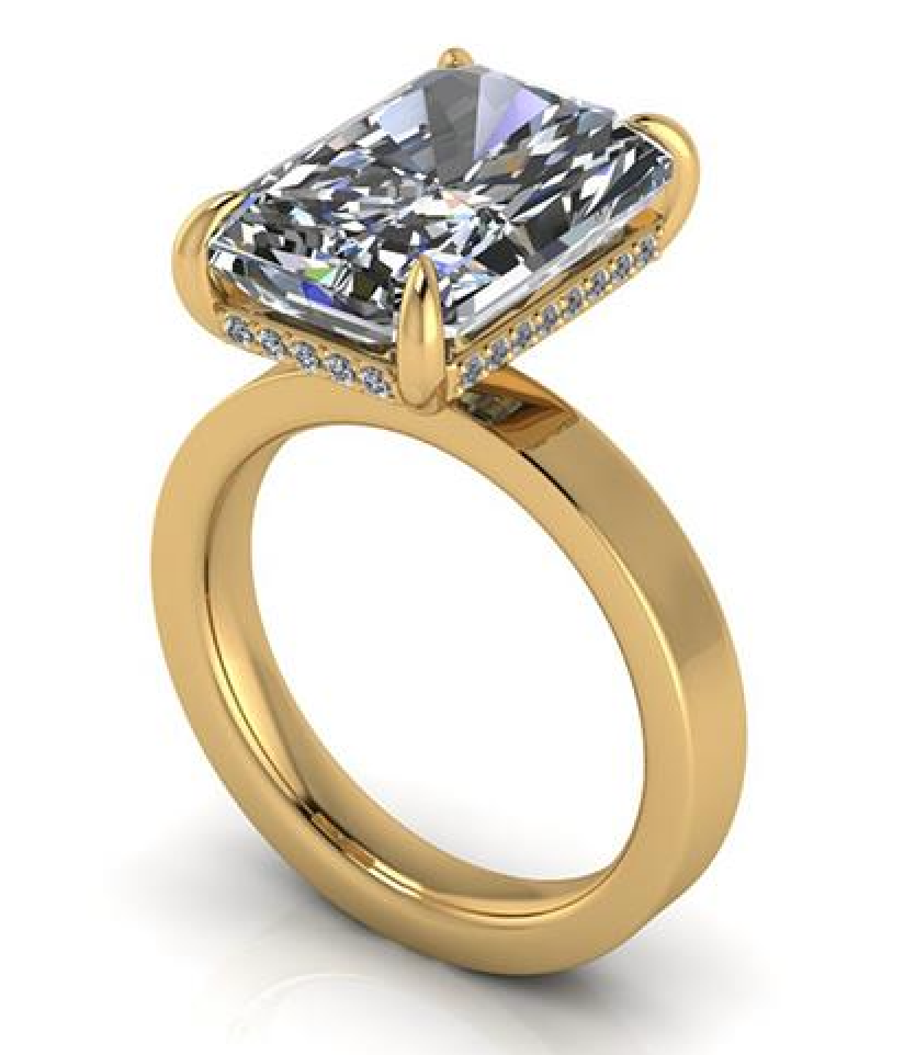 Lab-grown diamond engagement ring with radiant cut stone in yellow gold setting, eco-friendly and conflict-free