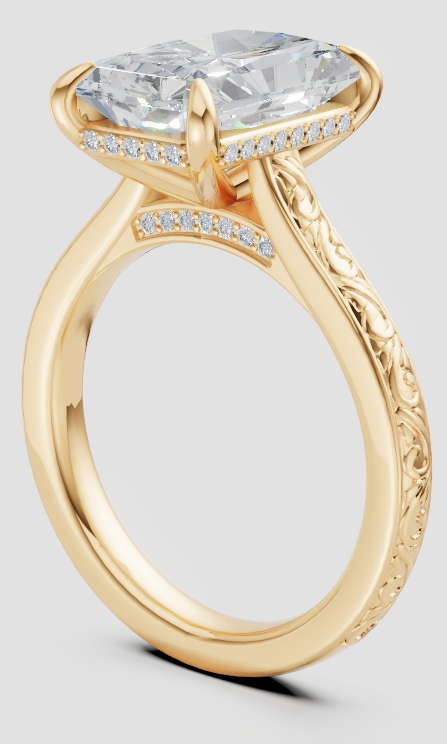 Elegant lab-grown diamond engagement ring with ornate gold band and side accents