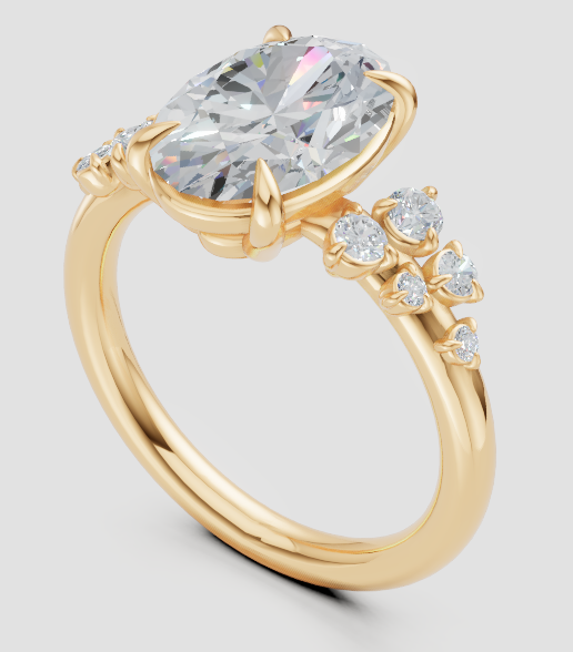 Oval lab-grown diamond engagement ring in yellow gold with floral side accents