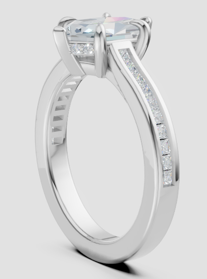 Lab-grown diamond engagement ring with princess-cut center stone and pave band, ethical and sustainable design