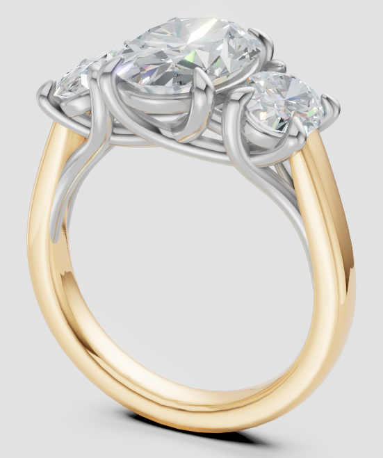 Three-stone lab-grown diamond engagement ring with gold and white metal band