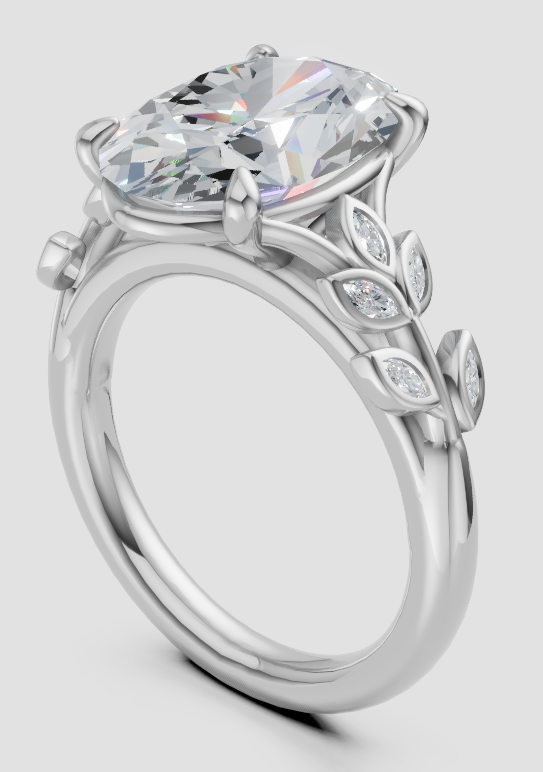 Elegant lab-grown diamond engagement ring with leaf-inspired band and conflict-free stones