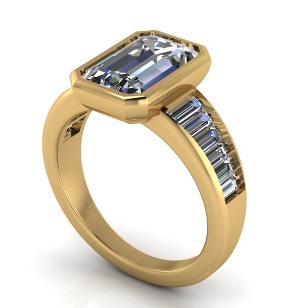 Elegant emerald-cut lab-grown diamond engagement ring in gold with baguette side stones