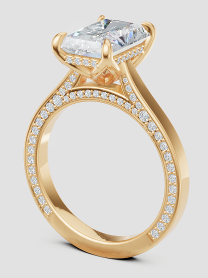 Lab-grown diamond engagement ring with princess cut center stone and pave band in 18k gold