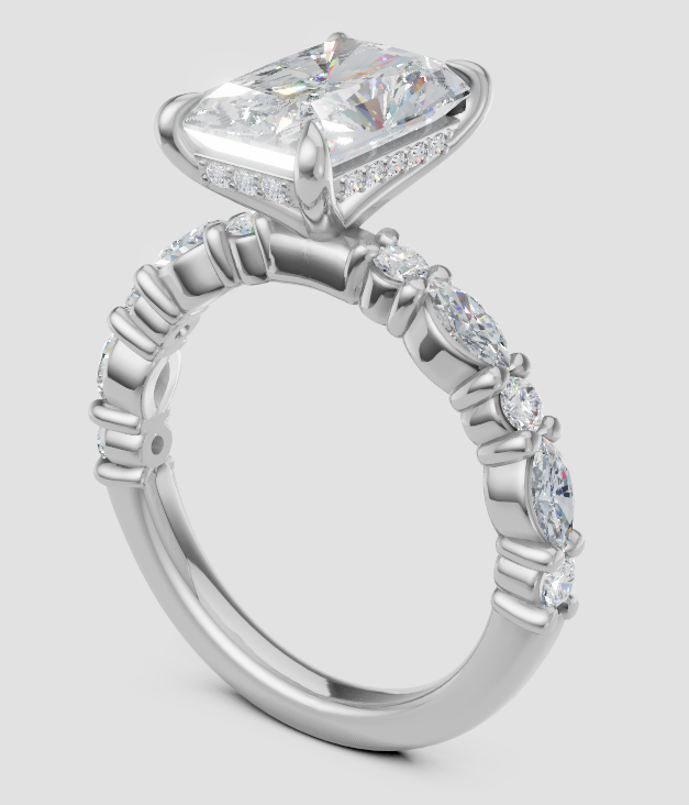 Lab-grown diamond engagement ring with cushion cut center and pave band, ethical and sustainable design
