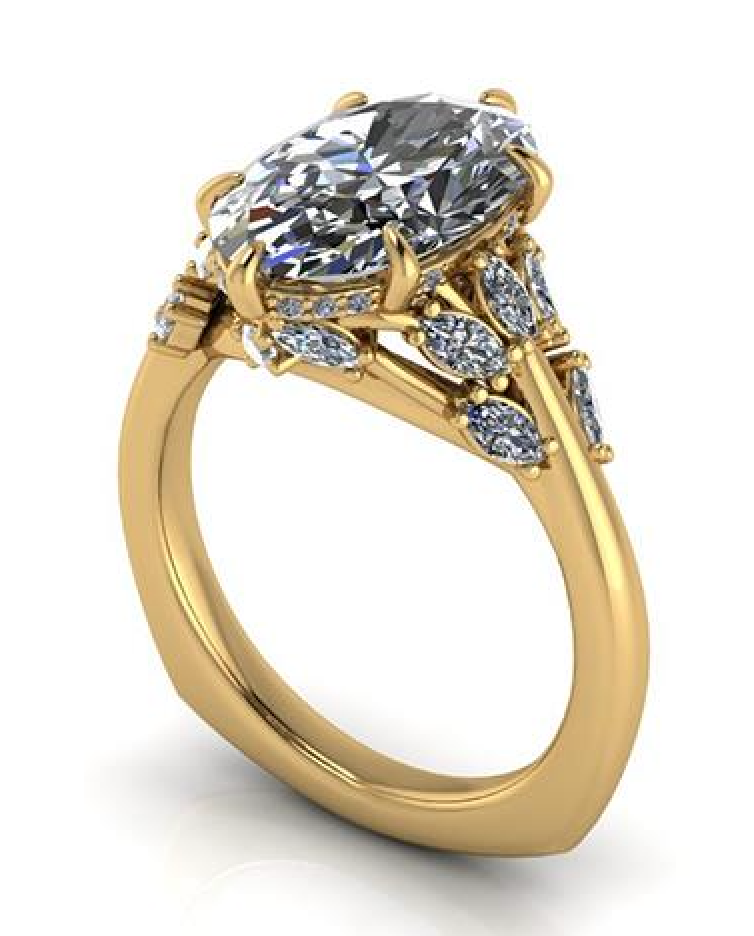 Elegant gold engagement ring with oval lab-grown diamond and marquise side stones