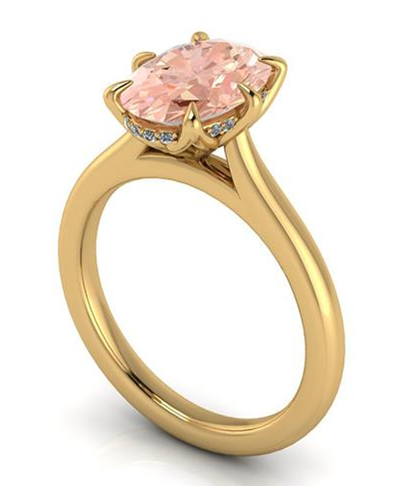 Pink oval lab-grown diamond engagement ring in yellow gold with halo accents