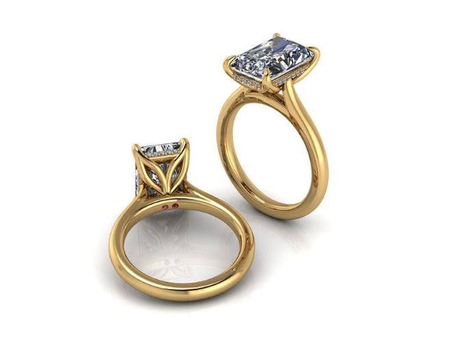 Elegant lab-grown diamond engagement ring in yellow gold with leaf-inspired prongs and side accents
