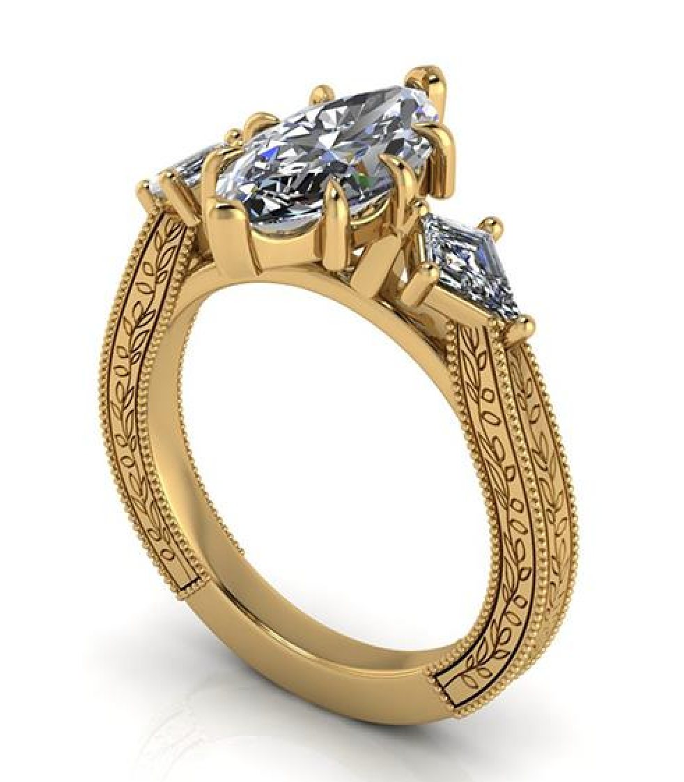 Elegant gold engagement ring with oval lab-grown diamond and intricate leaf detailing, ethical & sustainable