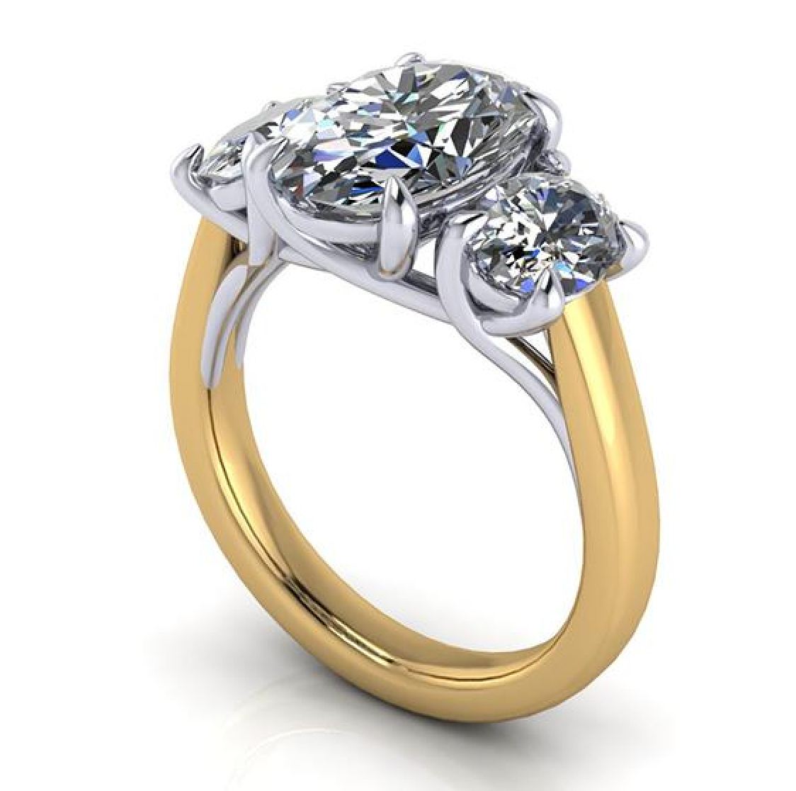 Elegant three-stone engagement ring with oval lab-grown diamond center and round side stones, set in gold band