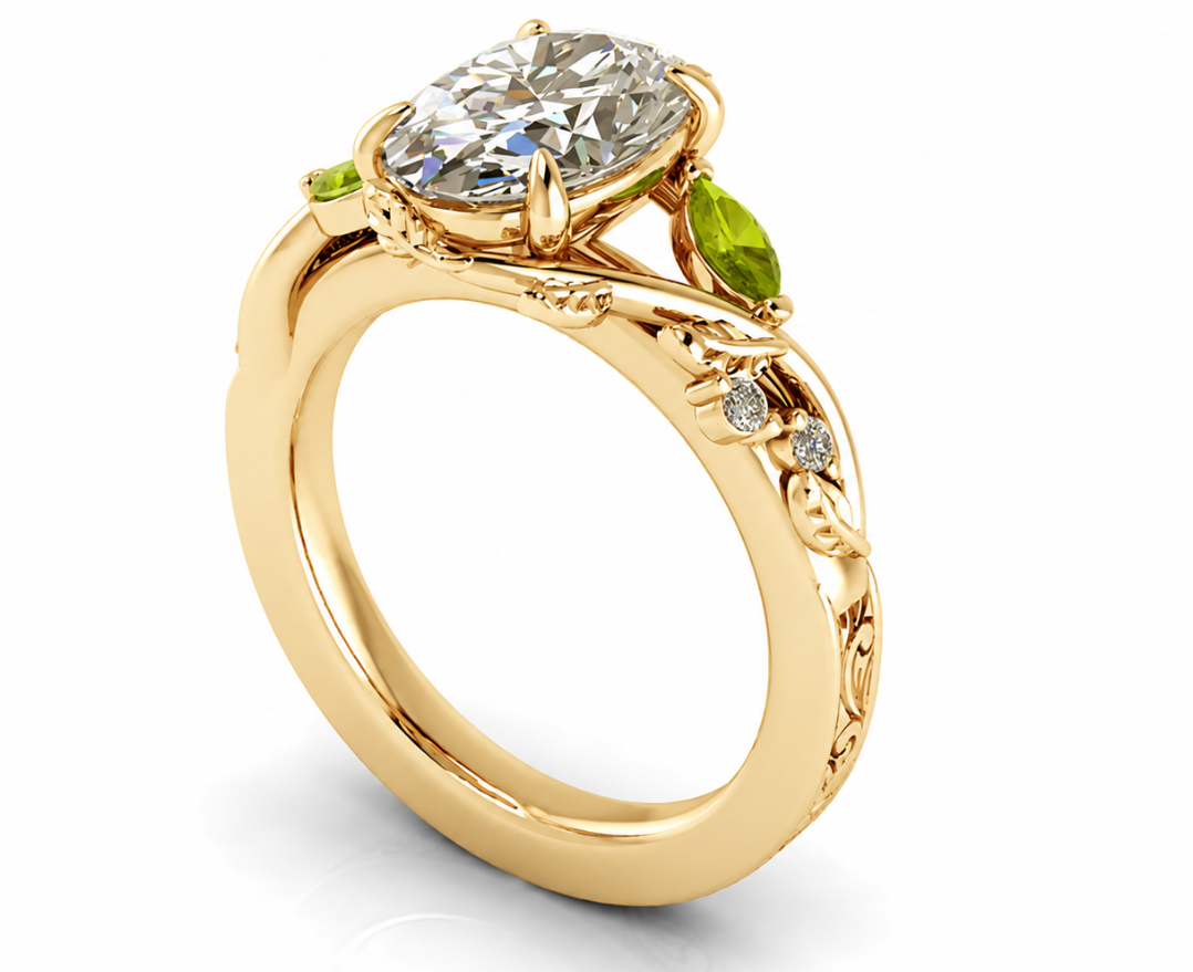 Elegant oval lab-grown diamond engagement ring with peridot accents and gold vine detailing