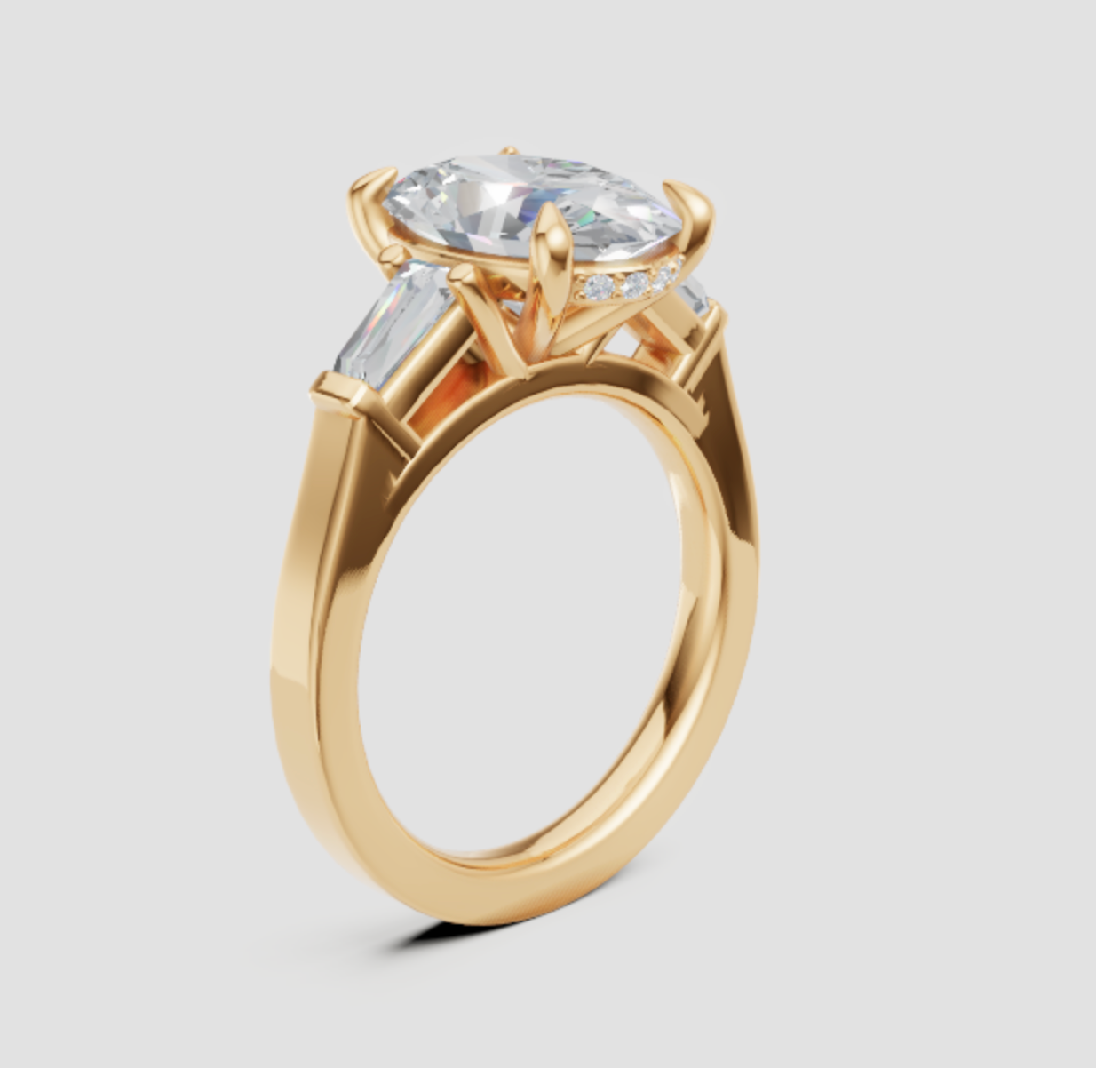 Elegant gold engagement ring with lab-grown oval diamond and baguette side stones, ethical and sustainable design