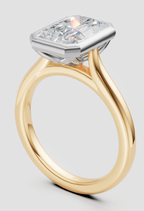 Elegant lab-grown diamond engagement ring with yellow gold band and radiant cut stone