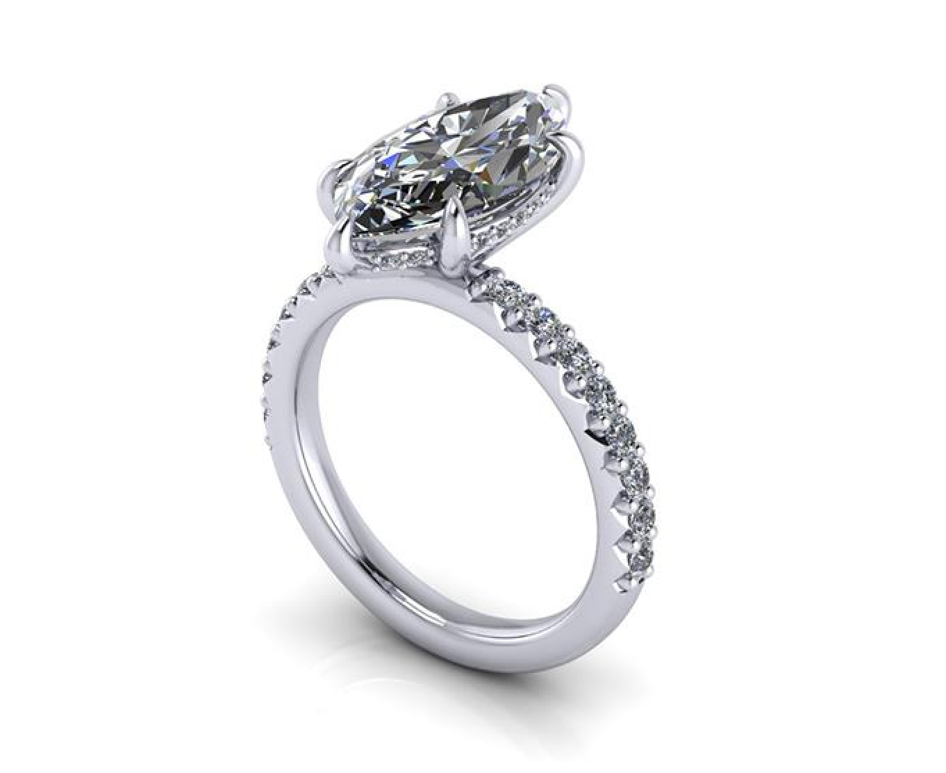 Lab-grown diamond engagement ring with marquise center stone and pave band, eco-friendly and conflict-free