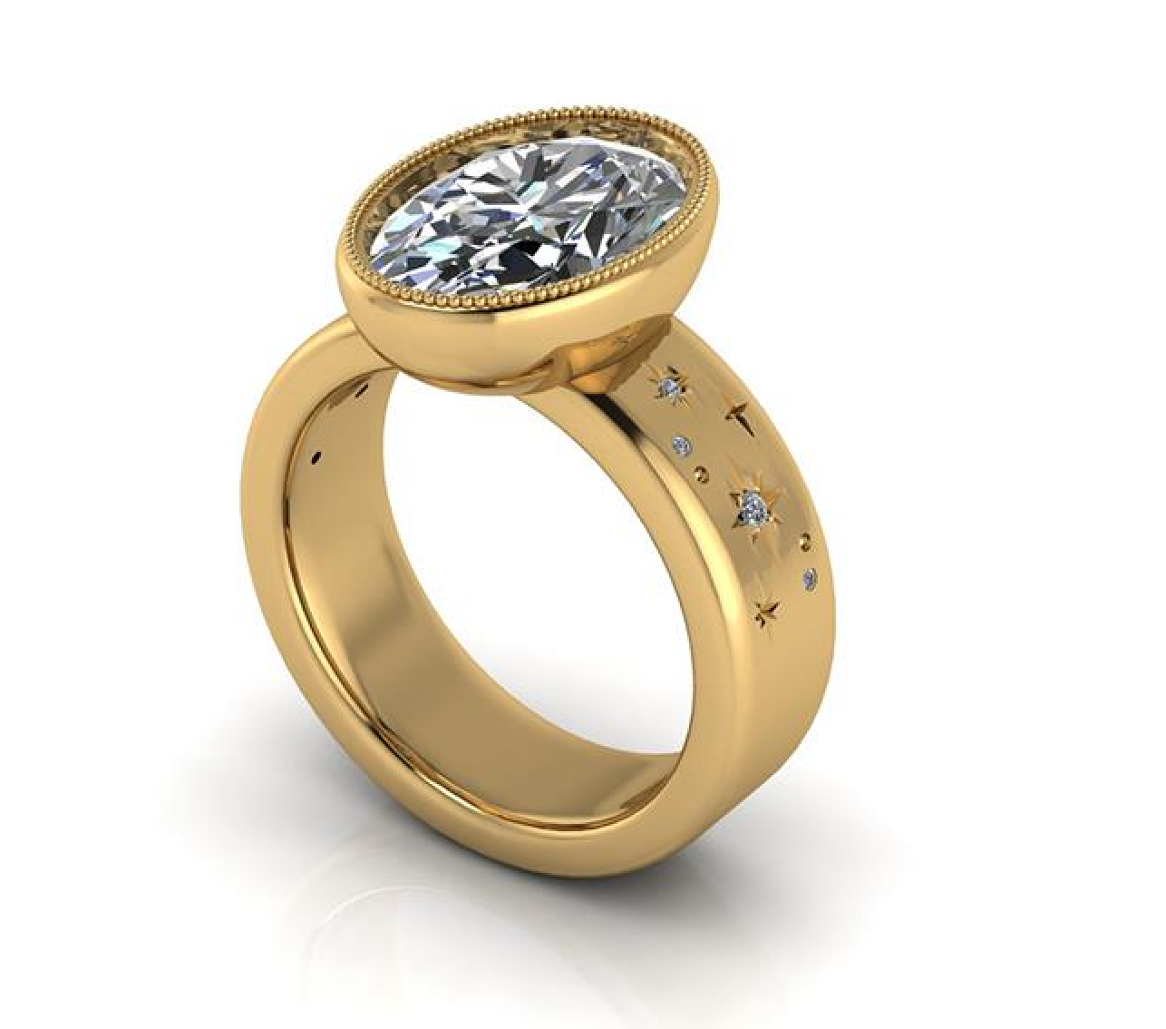 Oval lab-grown diamond engagement ring in yellow gold with star and diamond accents, eco-friendly and conflict-free