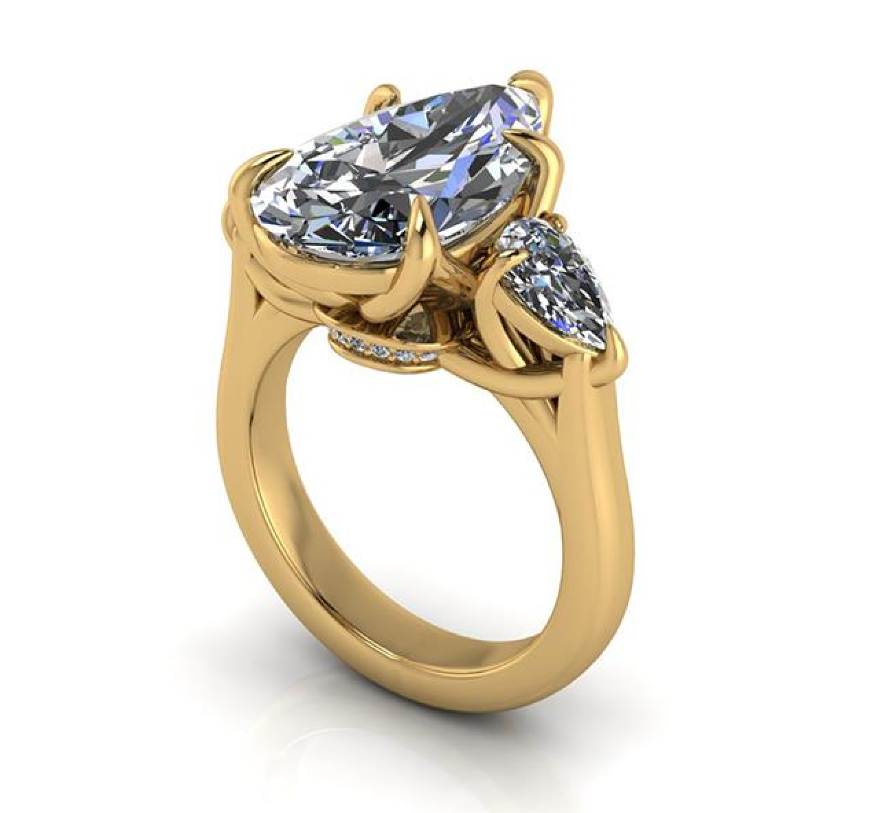 Elegant gold engagement ring with lab-grown diamonds, featuring a pear-cut center stone and side accents.