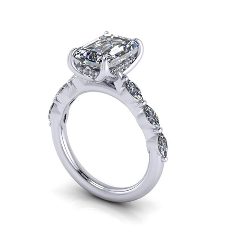 Elegant lab-grown diamond engagement ring with emerald-cut center and side stones, ethical & sustainable design
