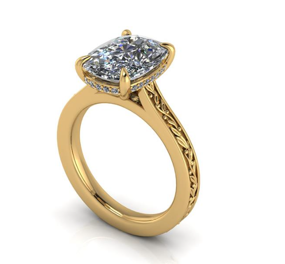 Elegant lab-grown diamond engagement ring with intricate gold band design