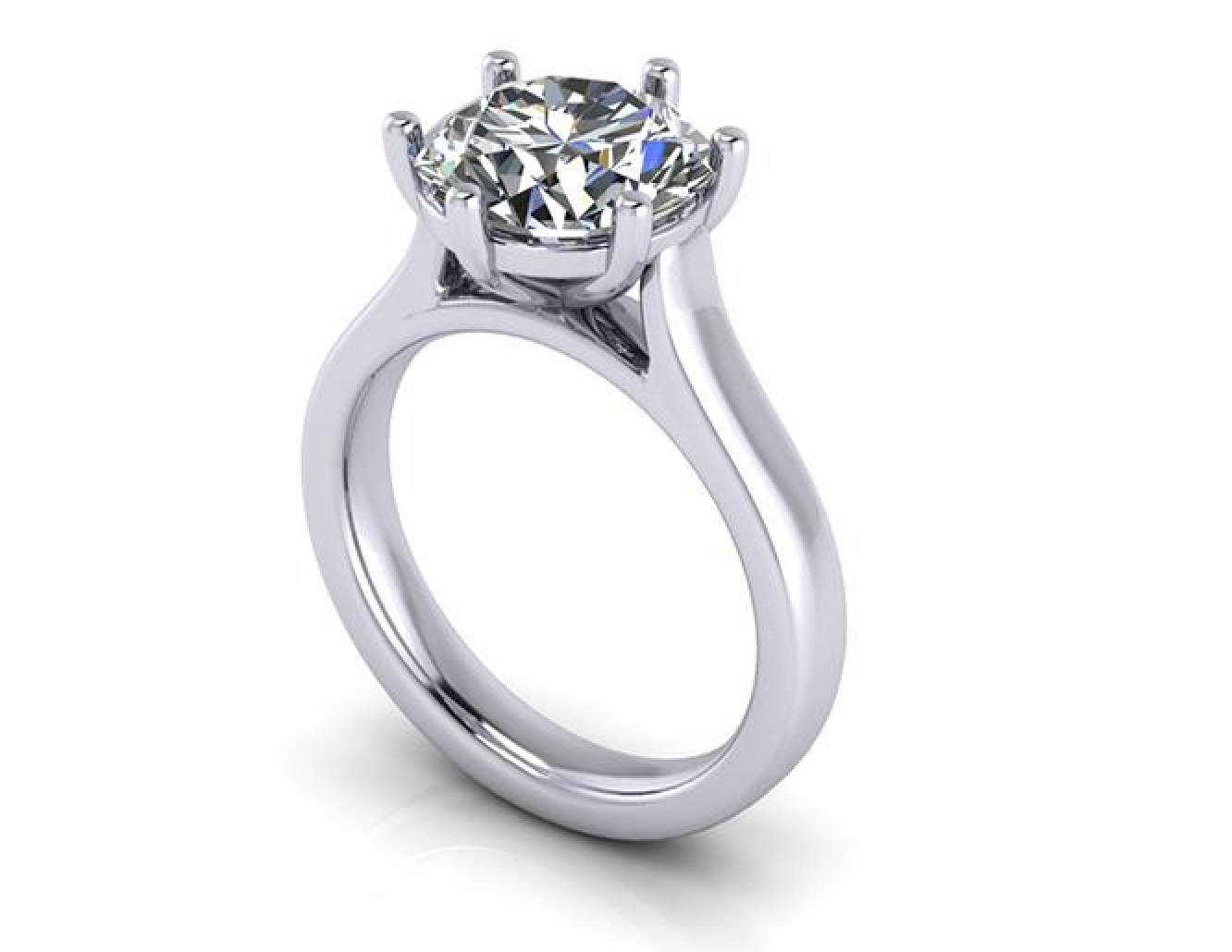 Solitaire lab-grown diamond engagement ring with six-prong setting on white background