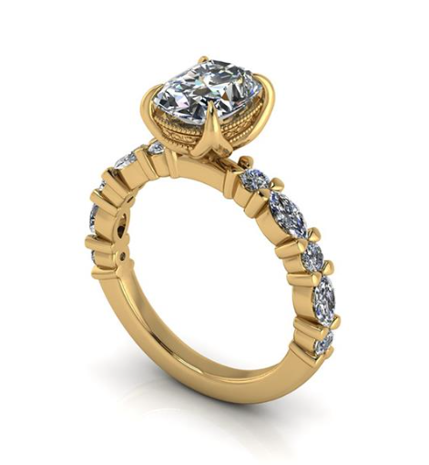 Elegant lab-grown diamond engagement ring with cushion cut center stone and gold band, eco-friendly design