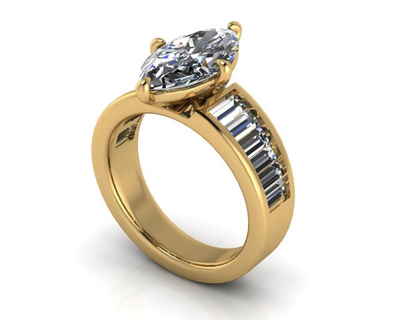 Elegant gold engagement ring with marquise lab-grown diamond and baguette side stones