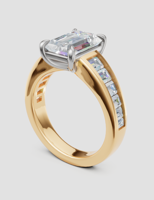 Elegant lab-grown diamond engagement ring with emerald-cut center stone and gold band