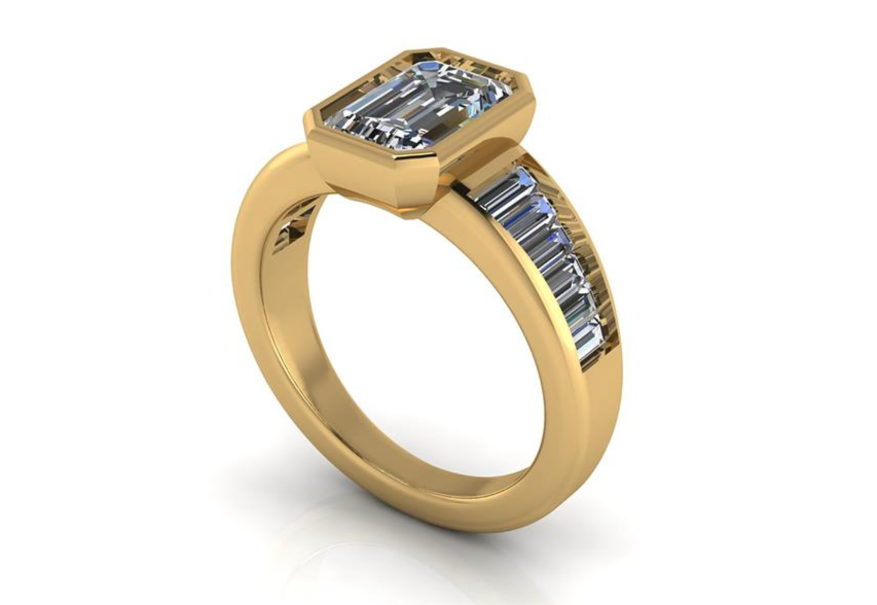 Elegant emerald-cut lab-grown diamond engagement ring in yellow gold with baguette accents