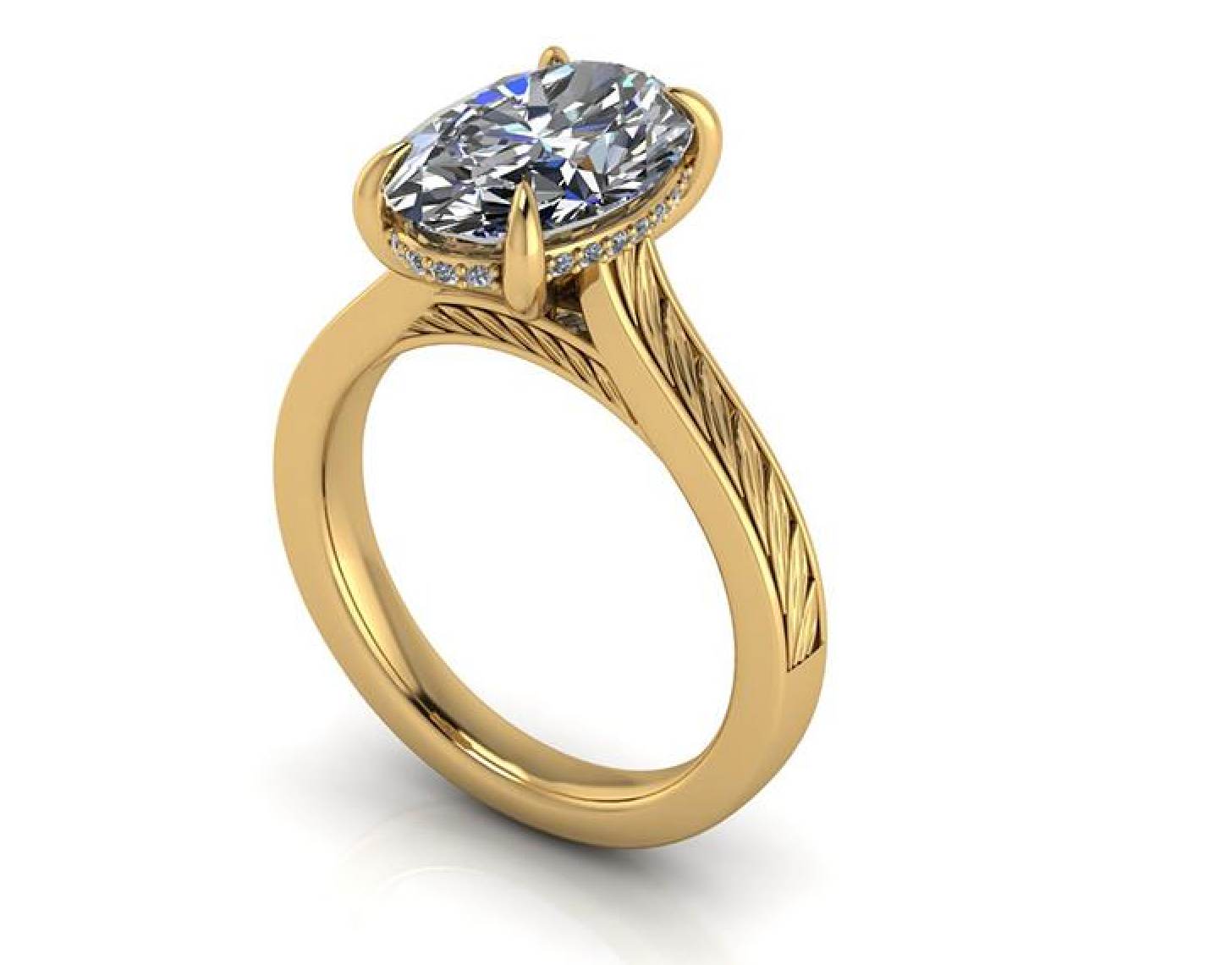 Gold ring with a large diamond on a white background
