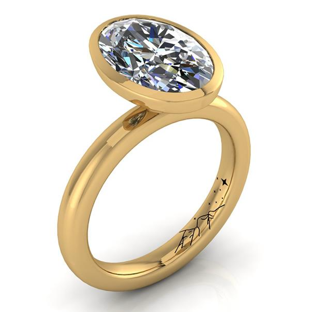 Gold ring with a large diamond on a white background