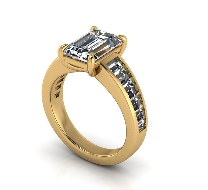 Gold ring with a large diamond and smaller diamonds on the band against a white background