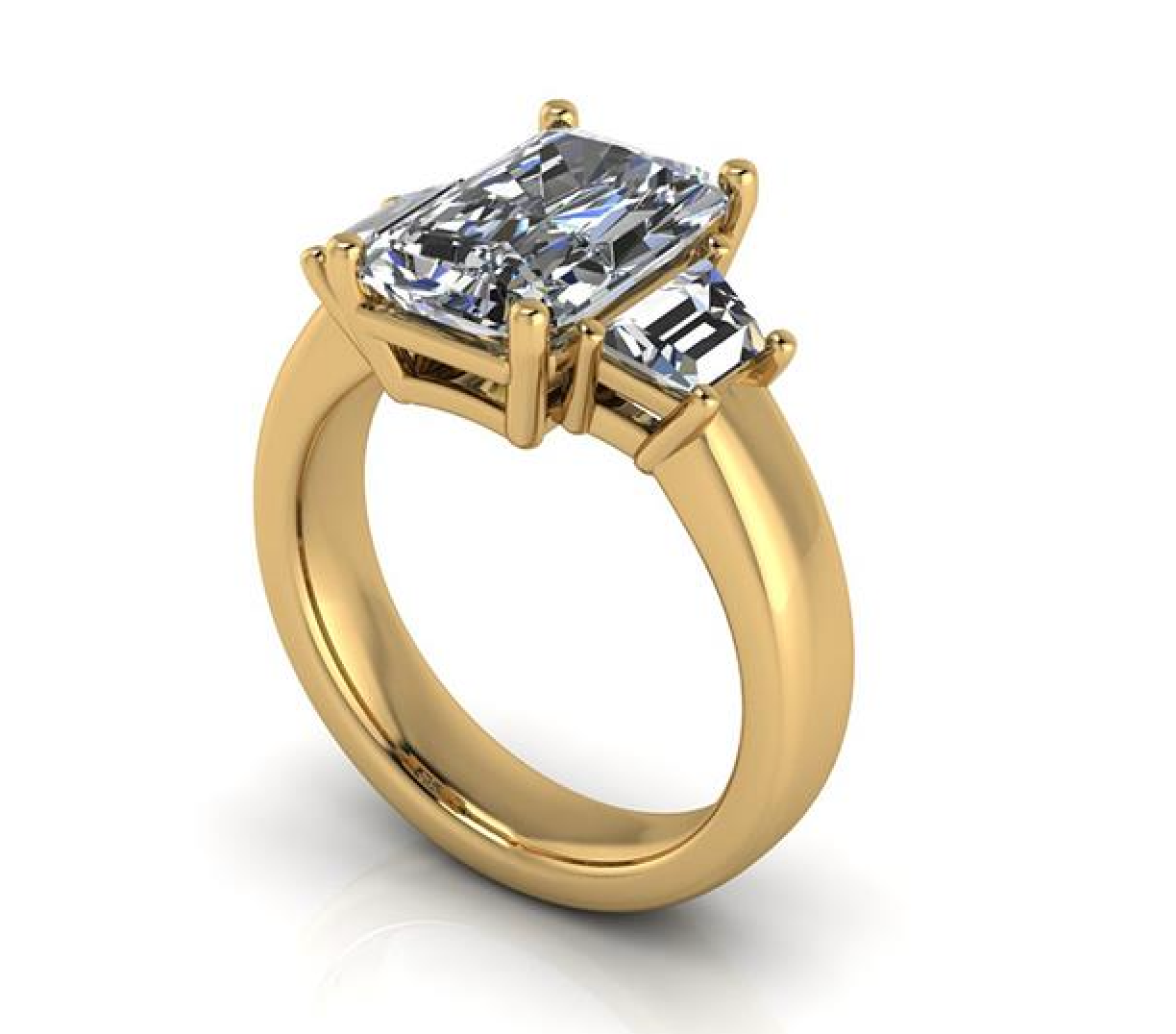 Gold ring with two emerald-cut diamonds on a white background