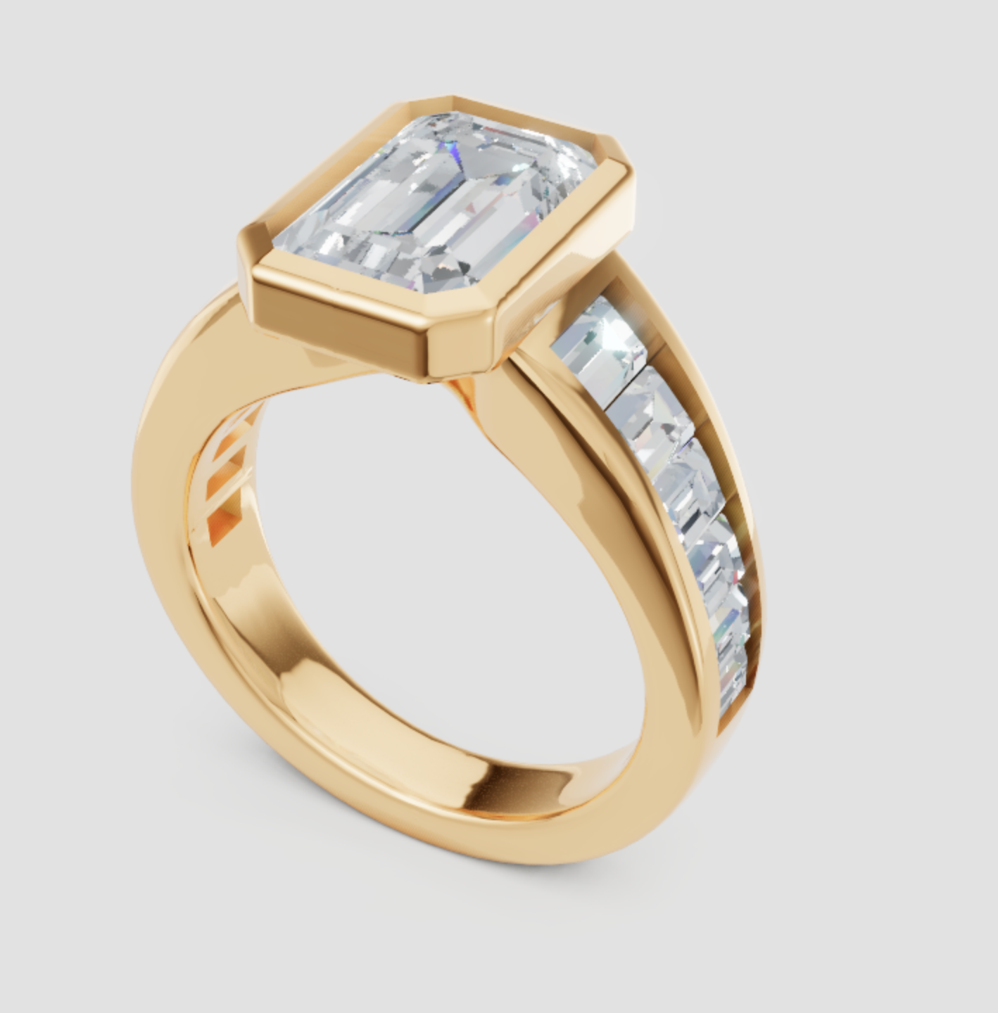 Gold ring with a large diamond and smaller diamonds on a light gray background