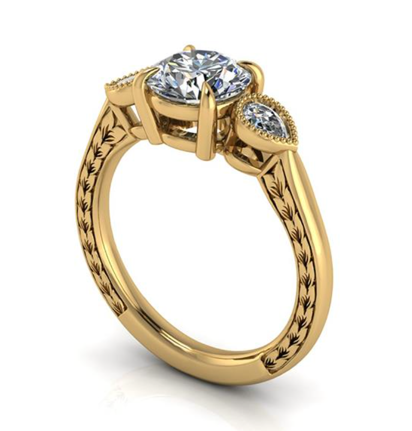 Gold ring with two diamonds on a white background