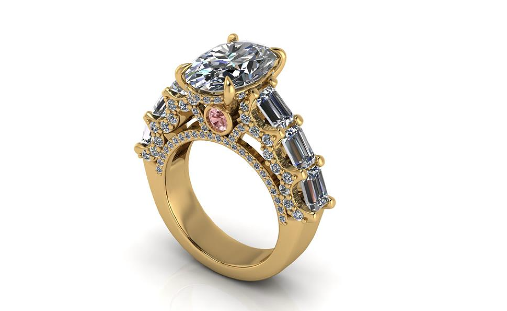 Gold ring with gemstones on a white background