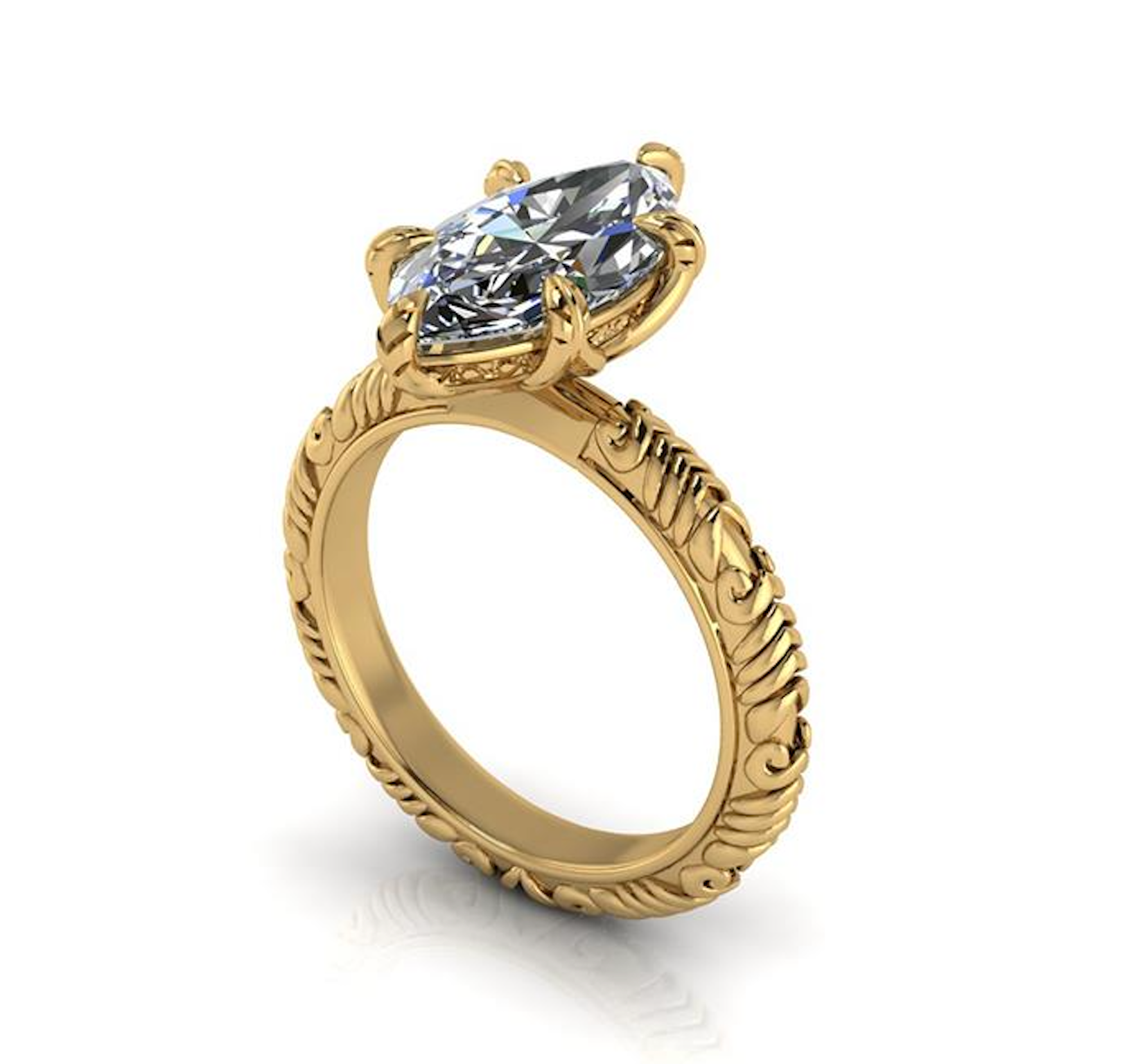 Gold ring with a diamond on a white background