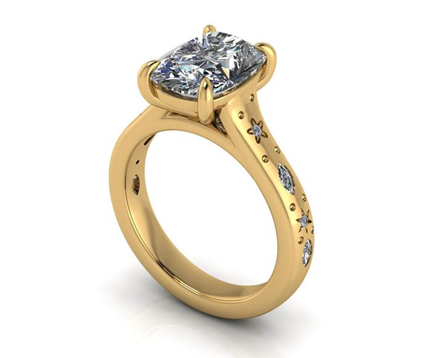 Gold ring with a large diamond and smaller diamonds on the band against a white background