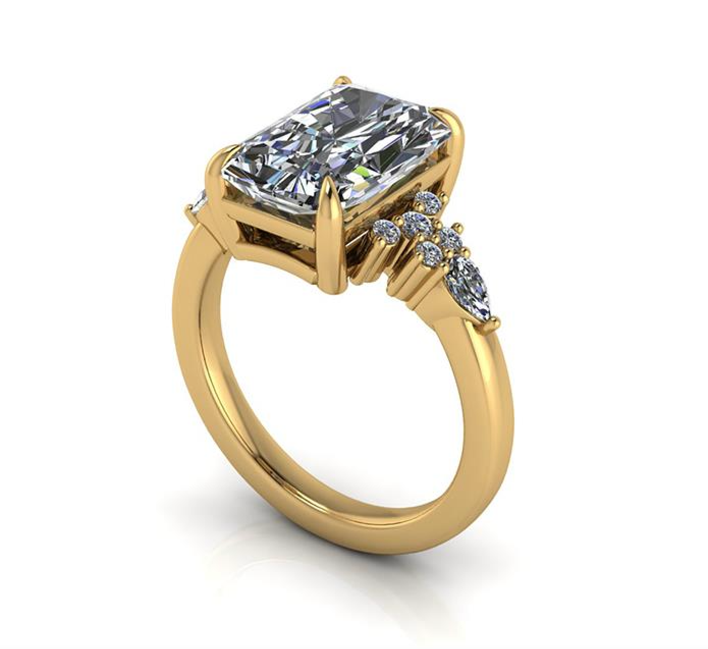 Gold ring with a large diamond and smaller diamonds on the band against a white background