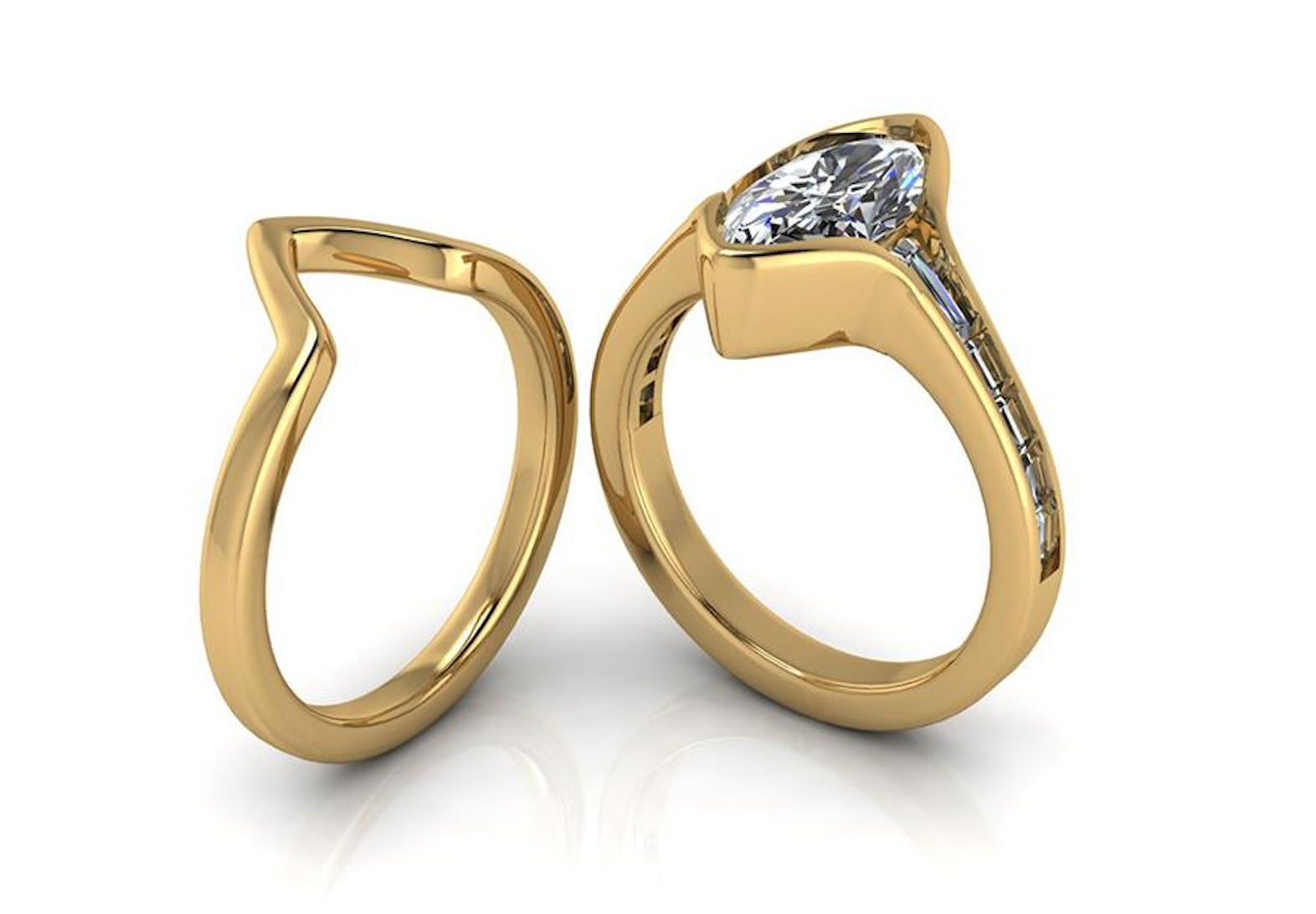 Two gold rings with diamond accents on a white background