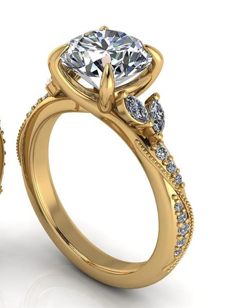 Gold ring with a large diamond and smaller diamonds on the band against a white background