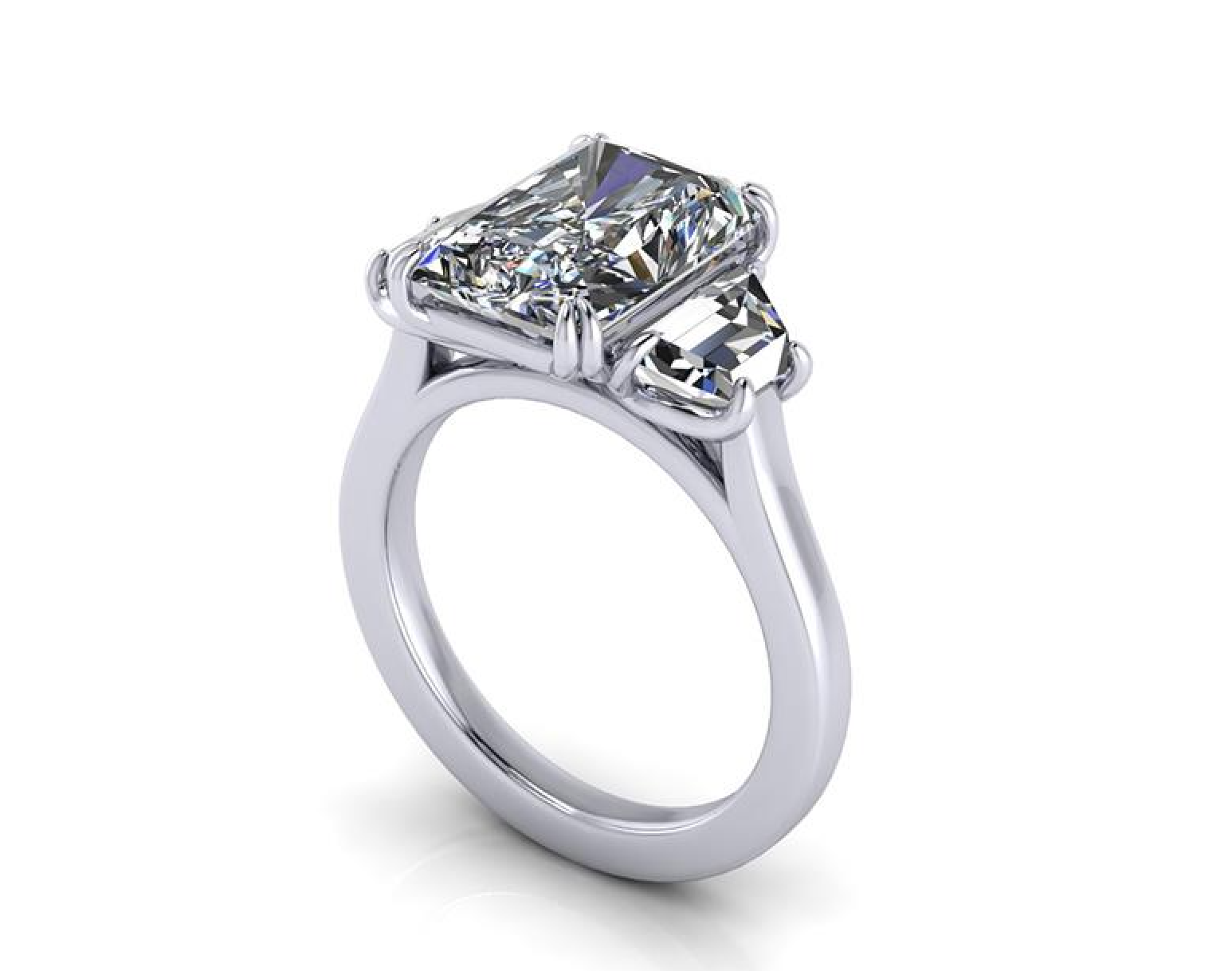 A radiant cut diamond engagement ring in a polished silver-colored metal setting, shown at a three-quarter angle on a clean white background.