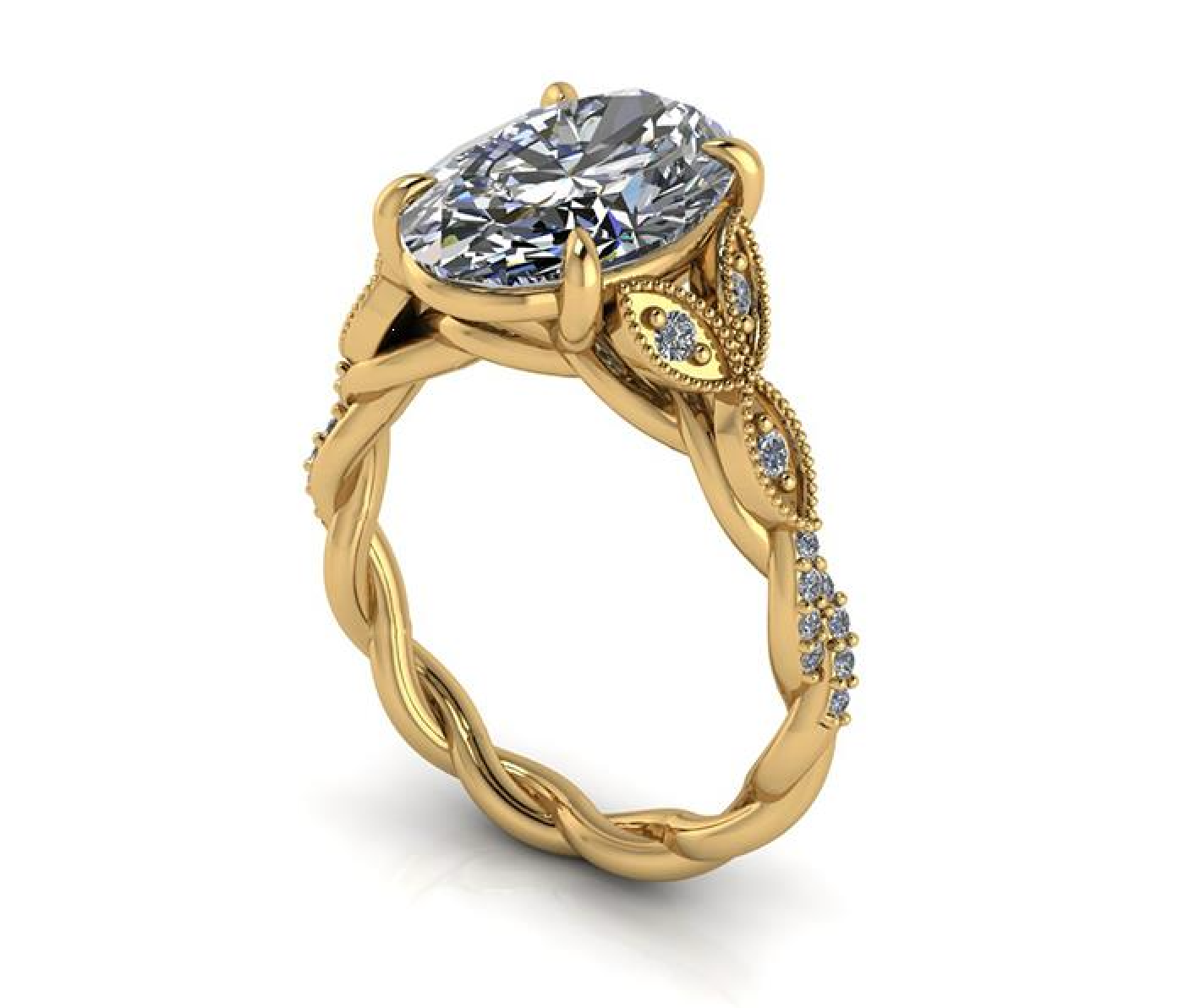 A yellow gold ring with a large oval-cut diamond center stone and smaller accent diamonds along the twisted band, shown on a clean white background.