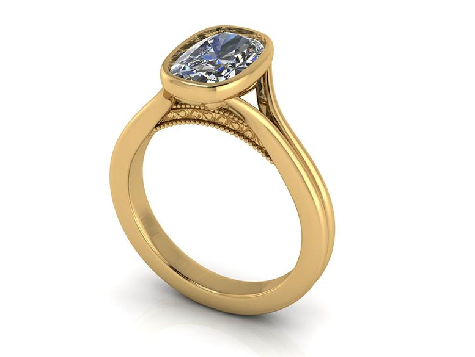 A yellow gold ring featuring a cushion-cut blue sapphire gemstone in a prong setting, shown on a clean white background.