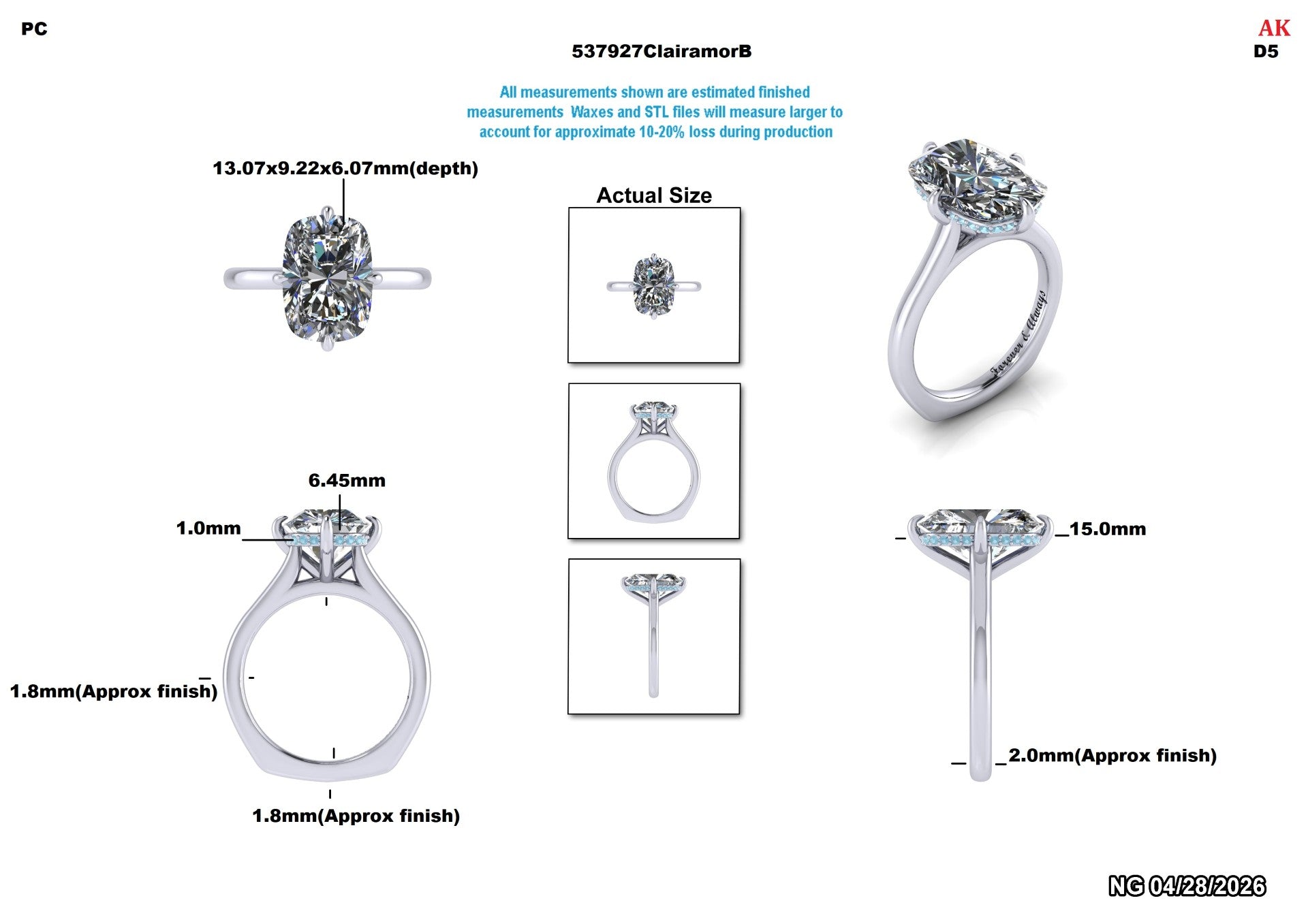 Lab-grown diamond engagement ring with cushion cut, detailed measurements, and side view showcasing ethical, sustainable design.