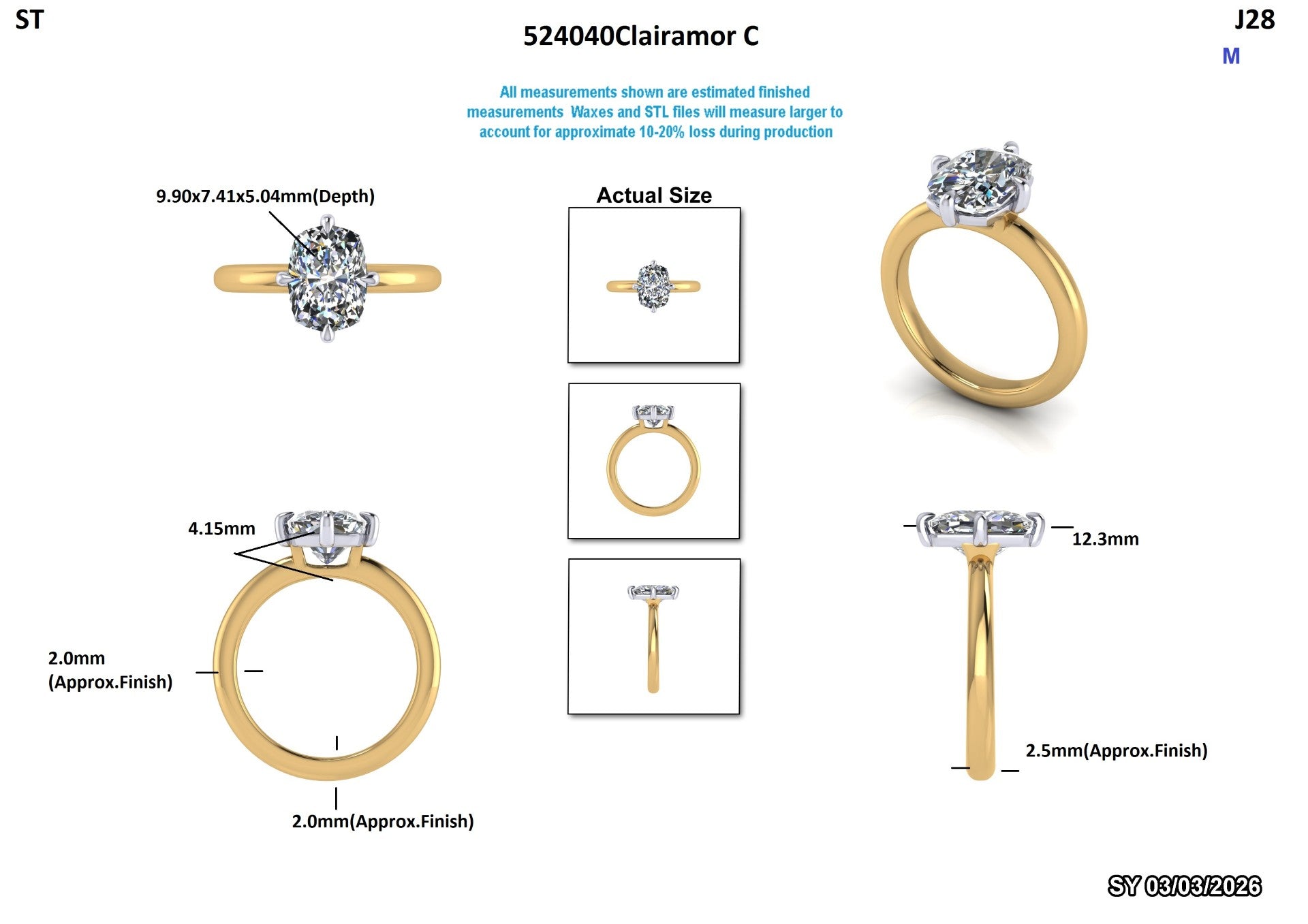 Lab-grown diamond engagement ring in yellow gold, detailed views with measurements, ethical and sustainable design
