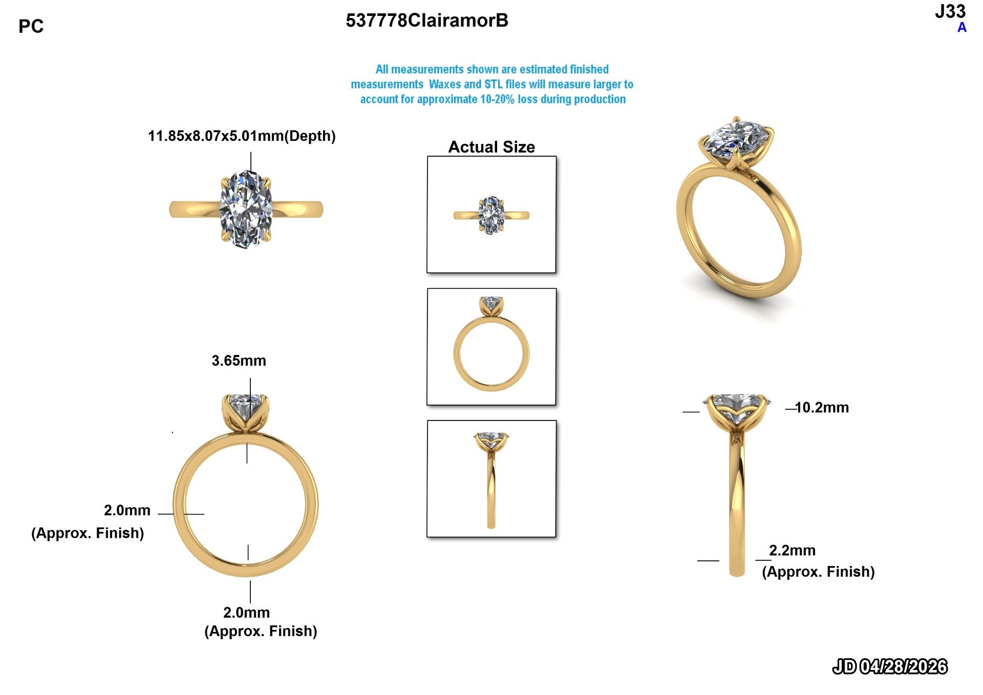 Lab-grown diamond engagement ring in yellow gold, oval cut, with detailed measurements and actual size views